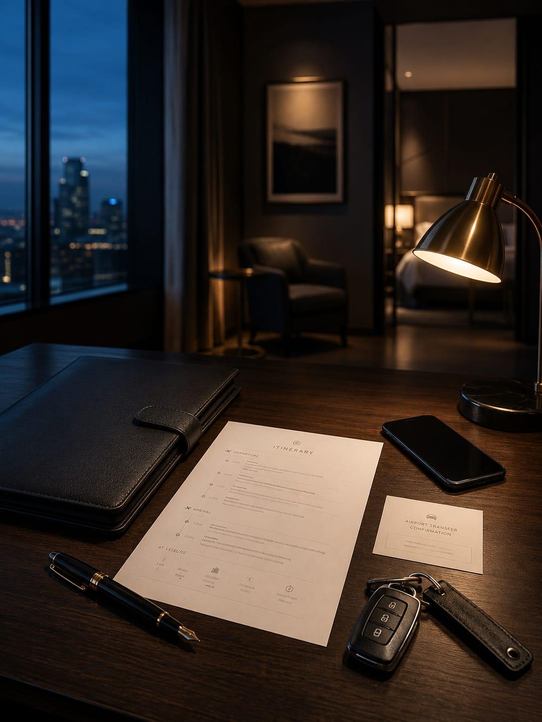 A printed itinerary, leather folio, pen and car key on a desk beside a window at dusk