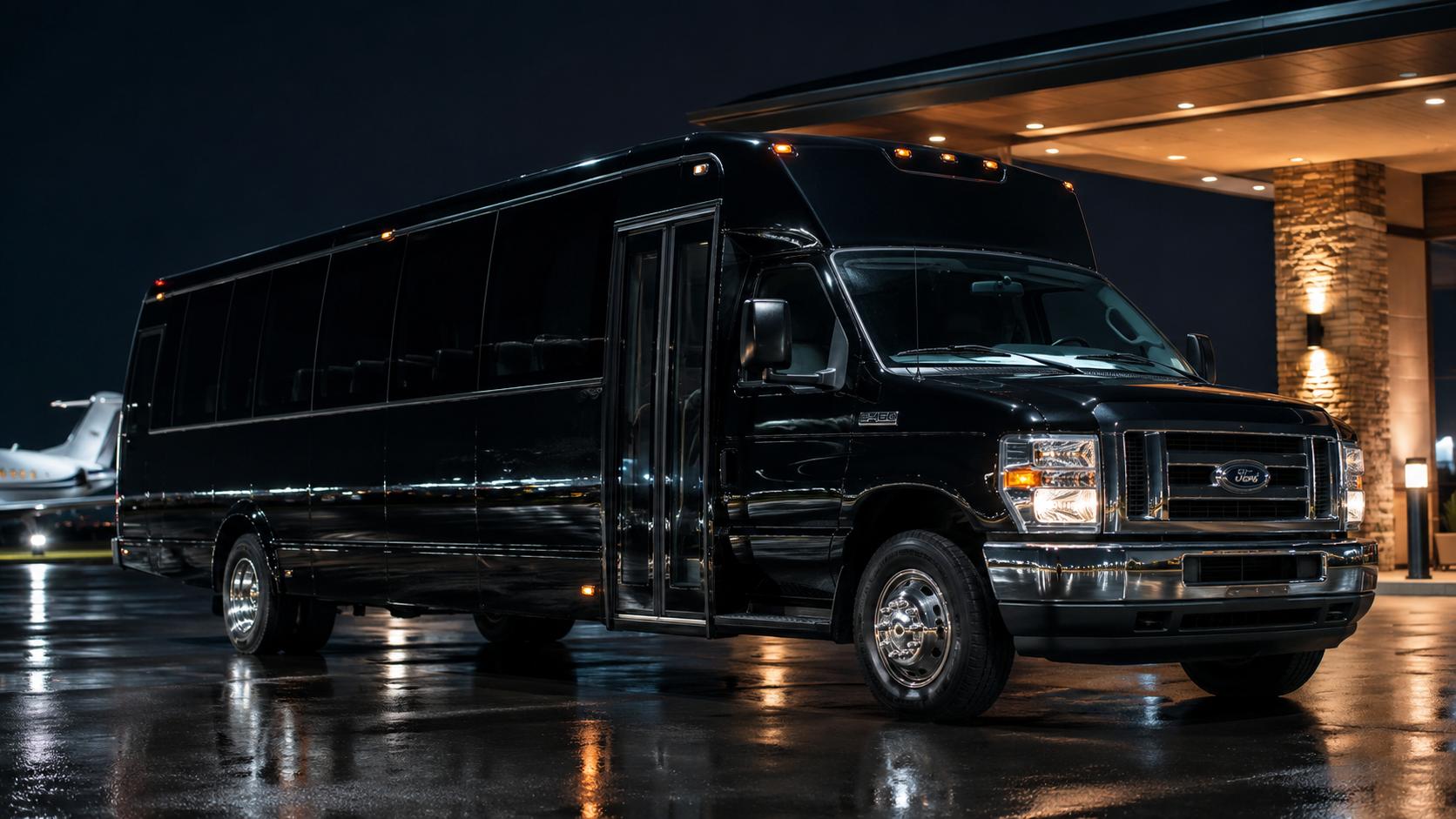 A black minibus with its passenger door open at a lit covered entrance at night