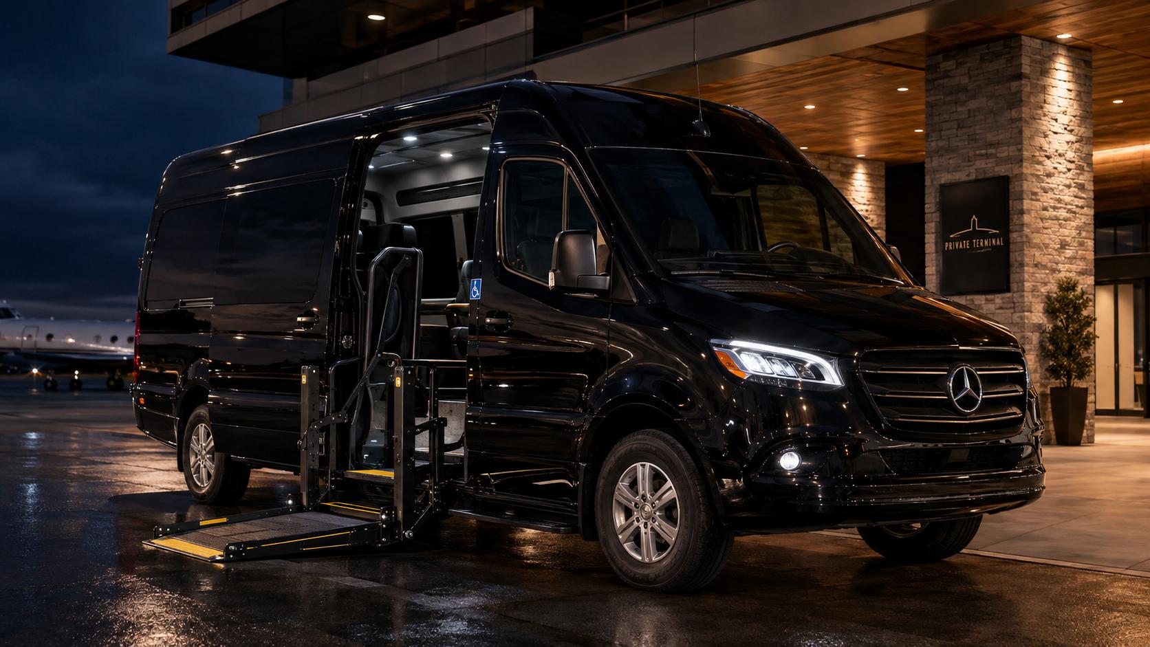 A black wheelchair-accessible van with its side lift lowered at a covered entrance at night